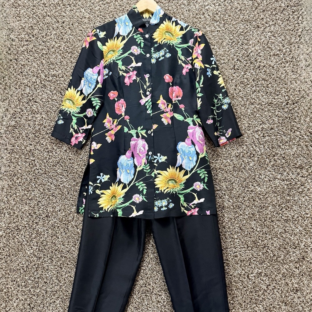 Sonia 100% Silk Floral Tunic & Pants‎ Set S Cottagecore Botanical Chic *Snags